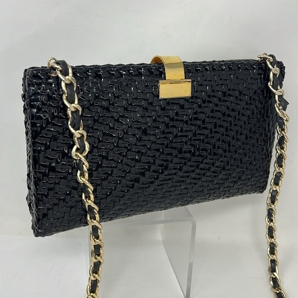 Greta Italy Vintage Black Lacquered Woven Structured Wicker Clutch Shoulder Bag - Picture 8 of 13